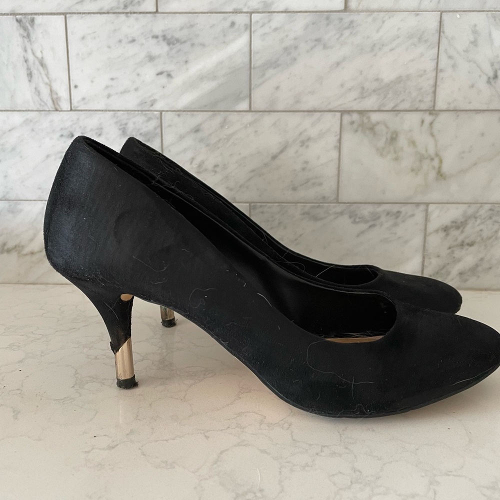 Black suede pumps with gold heel tips size 7